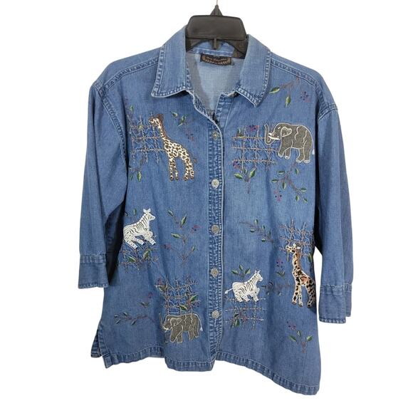 New Direction Africa Safari Denim Embroidered Button down Shirt Womens Large - Picture 1 of 8